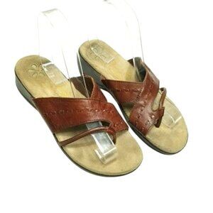 Dr. Scholls Brown Leather Slip-On Sandals Size 7 Cushioned Sole‎ Stitch Detail